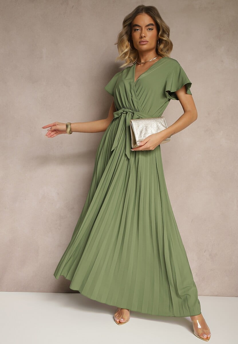 Ciemnozielona Koktajlowa Maxi Sukienka Ozdobiona Plisami z Trójkątnym Dekoltem i Wiązaniem w Talii Phoelia