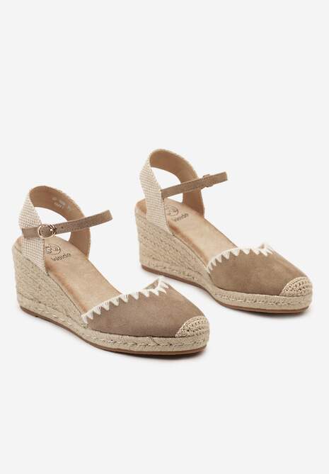 Ciemnobeżowe Sandały w Stylu Espadryli z Plecionką na Koturnie Tiimada