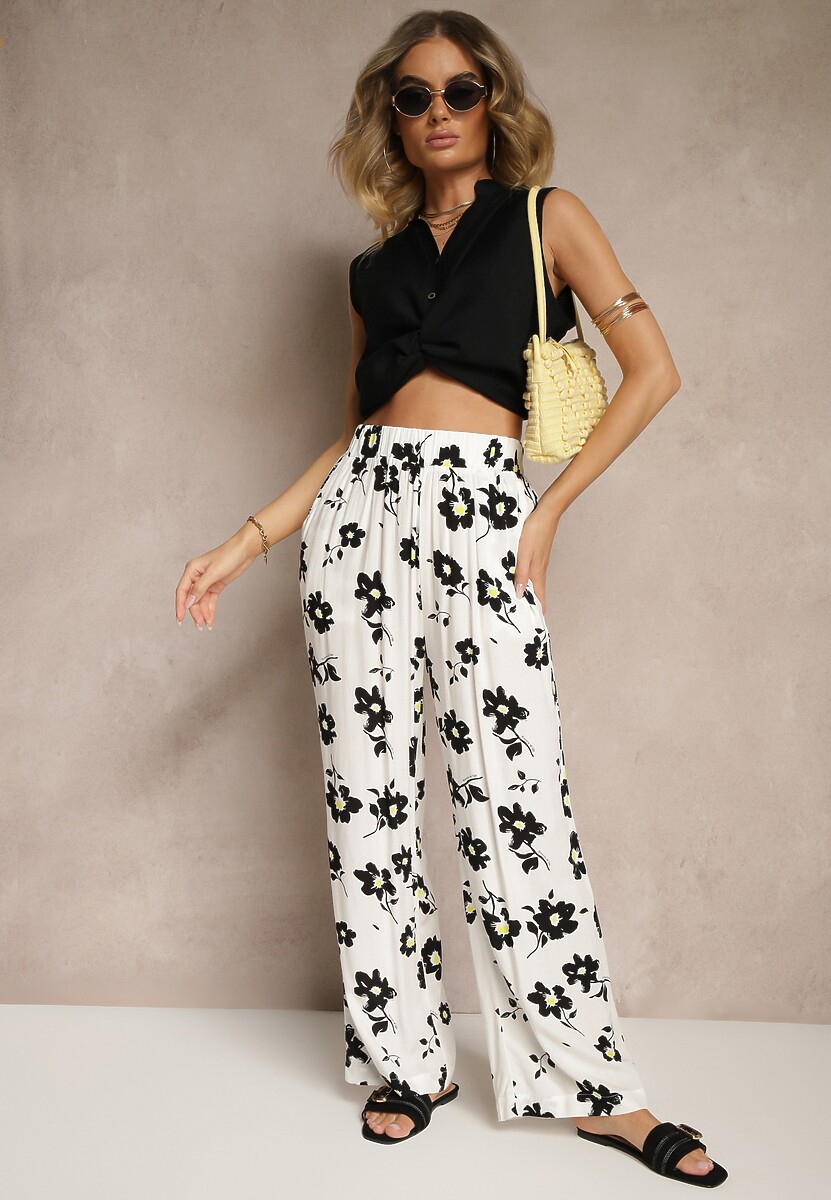 Białe Szerokie Spodnie High Waist w Kwiatowy Wzór Elsedia
