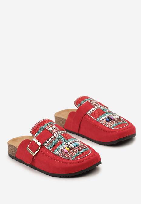 Czerwone Klapki w typie Muli z Korkową Podeszwą i Ozdobnymi Kamieniami Louvia