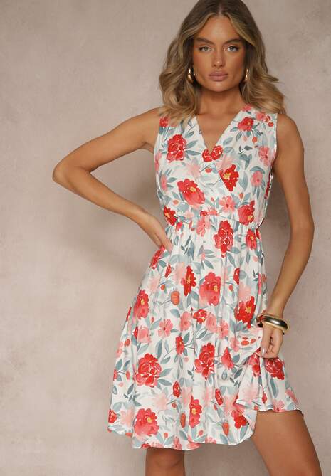 Czerwona Kopertowa Sukienka z Bawełną w Kwiaty Lumareise