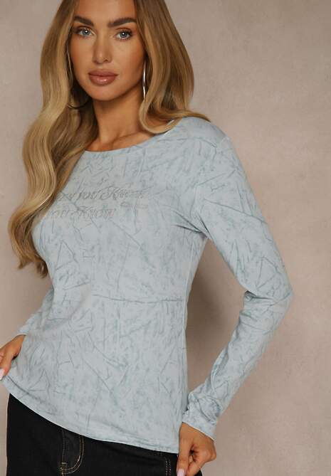 Niebieska Bluzka Longsleeve Ozdobiona Geometrycznym Motywem Uninessa