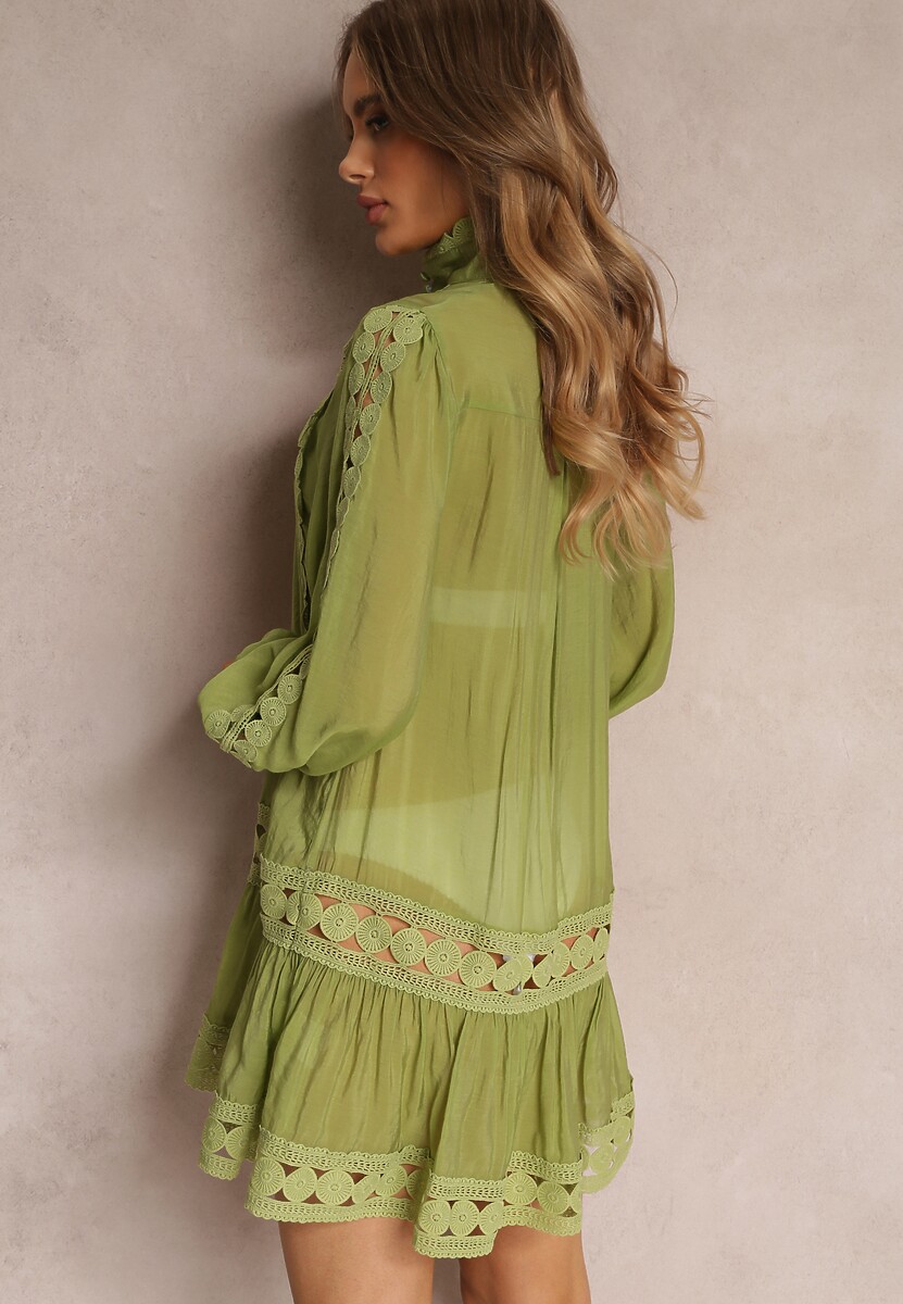Zielona Koronkowa Tunika Pudełkowa z Falbaną Nawal