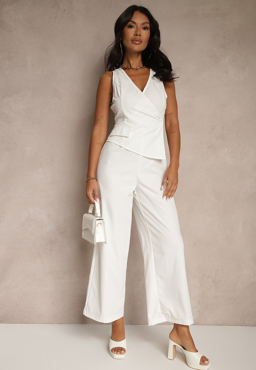 Biały Taliowany Kombinezon Elegancki z Dekoltem V Nevianis