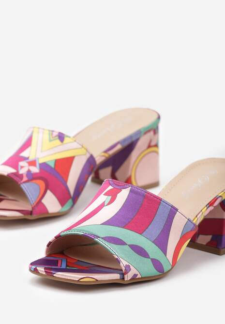 Fioletowe Klapki Satynowe z Kwadratowym Noskiem w Malowniczy Wzór  Biza