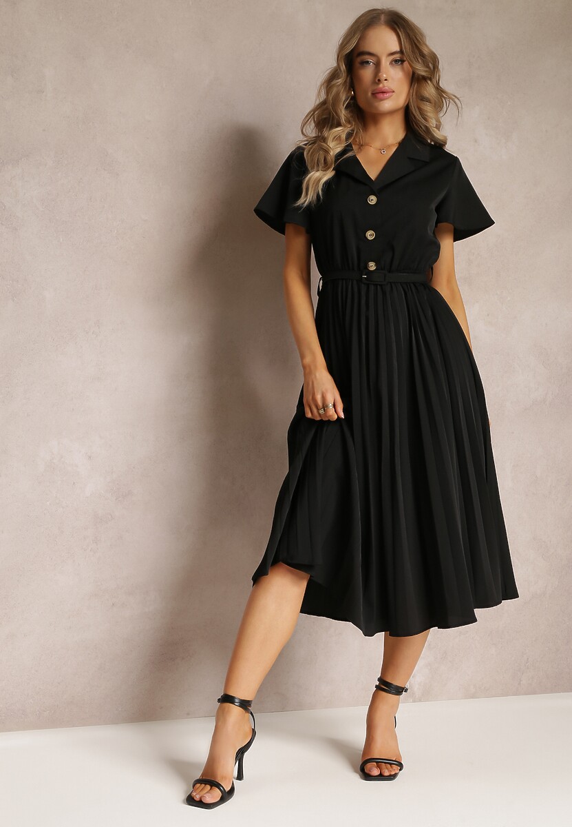 Zielona Retro Sukienka Midi z Plisowaniem i Paskiem na Klamrę Elinerise