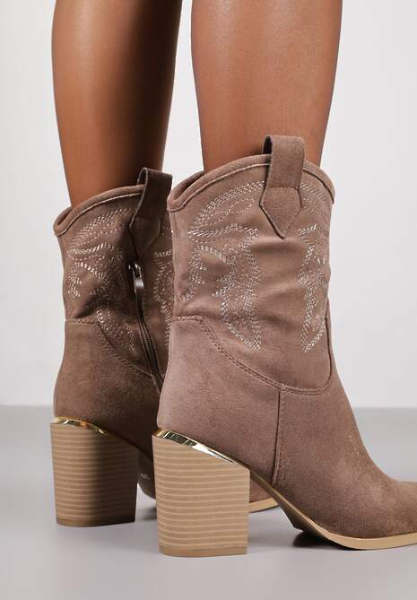 Ciemnobeżowe Ażurowe Botki na Słupku w Kowbojskim Stylu Mevith