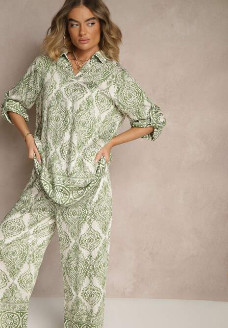 Zielony Komplet z Wiskozą o Kroju Oversize Koszula i Spodnie Nilarithia