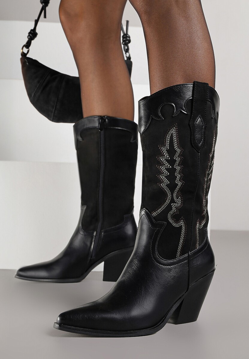 Czarne Botki Typu Kowbojki na Stożku z Haftowaną Cholewką Nalaveia