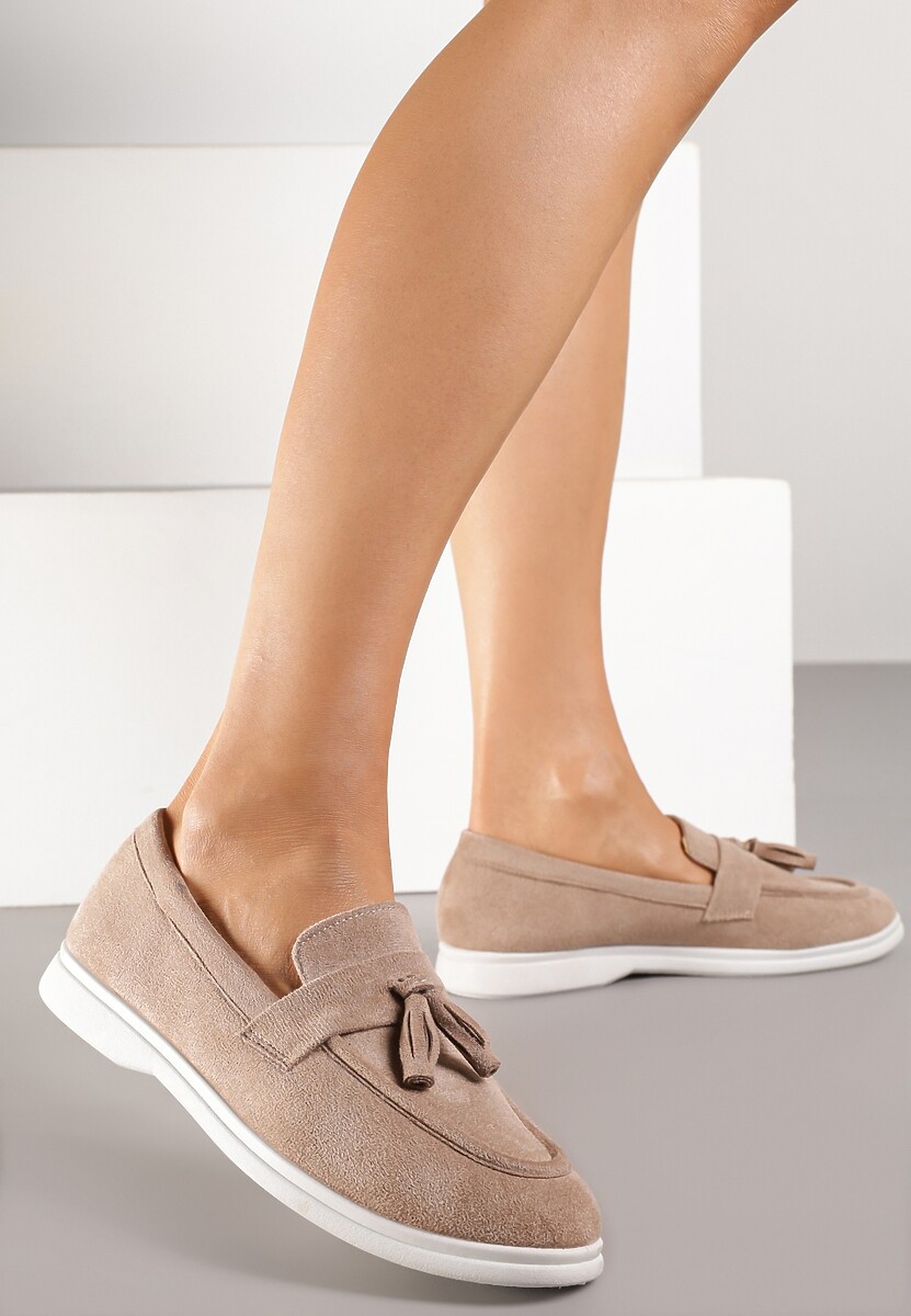 Ciemnobeżowe Mokasyny Ozdobione Frędzlami Meliruna