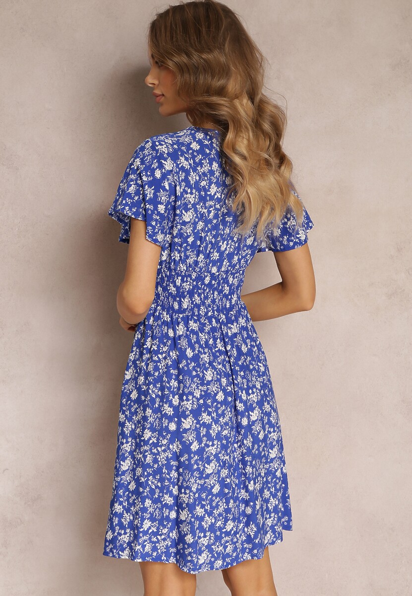 Granatowa Wiskozowa Sukienka Mini w Kwiaty z Gumką w Talii i Kopertową Górą Joslena