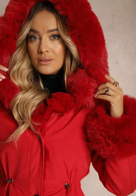 Czerwona Kurtka Parka z Futerkiem i Szerokim Kapturem Florion