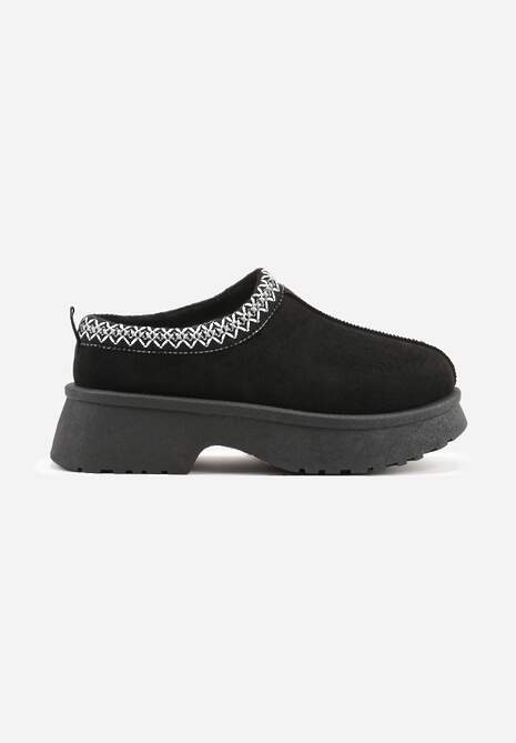 Czarne Śniegowce na Platformie z Niską Cholewką z Haftem Livitte