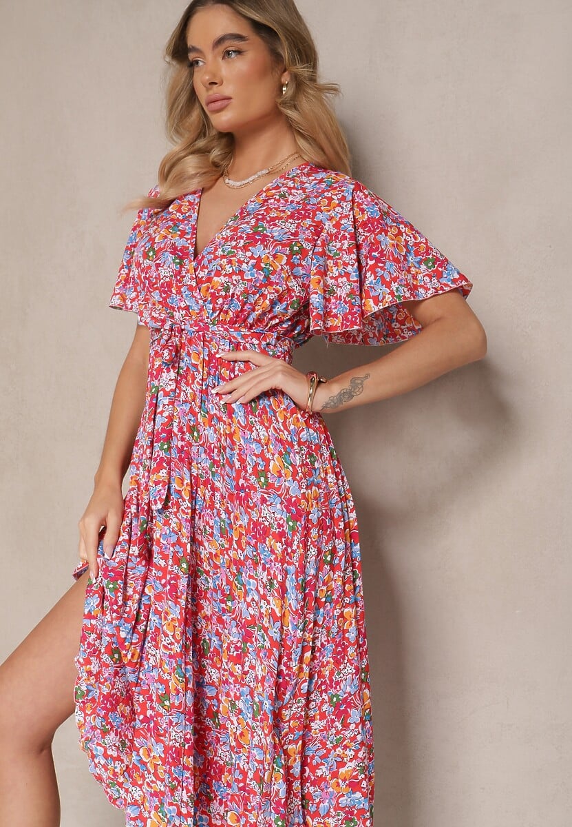 Czarna Sukienka z Plisami w Kwiecisty Print o Rozkloszowanym Kroju Lanelin