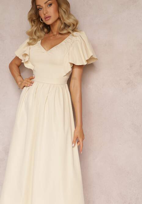 Beżowa Taliowana Sukienka Maxi z Falbanami Giftis