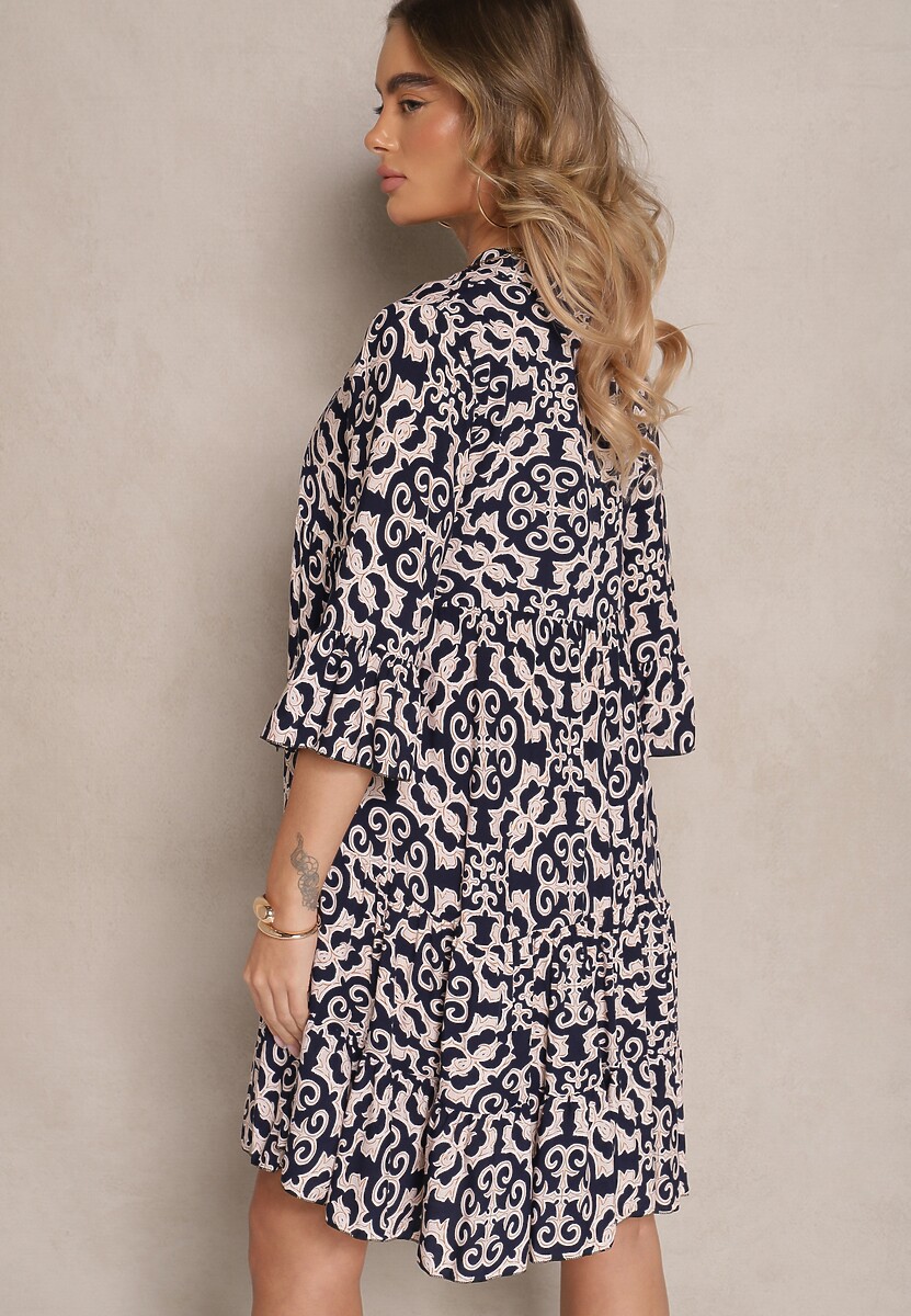 Granatowa Sukienka Bawełniana o Rozkloszowanym Kroju w Etniczny Print Zalivine