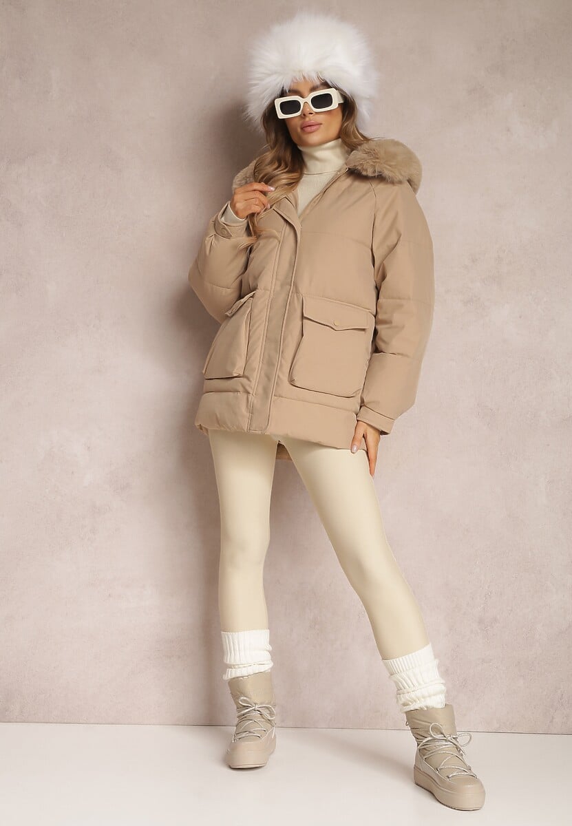 Beżowa Kurtka Pudełkowa z Odpinanym Futerkiem Bastebius