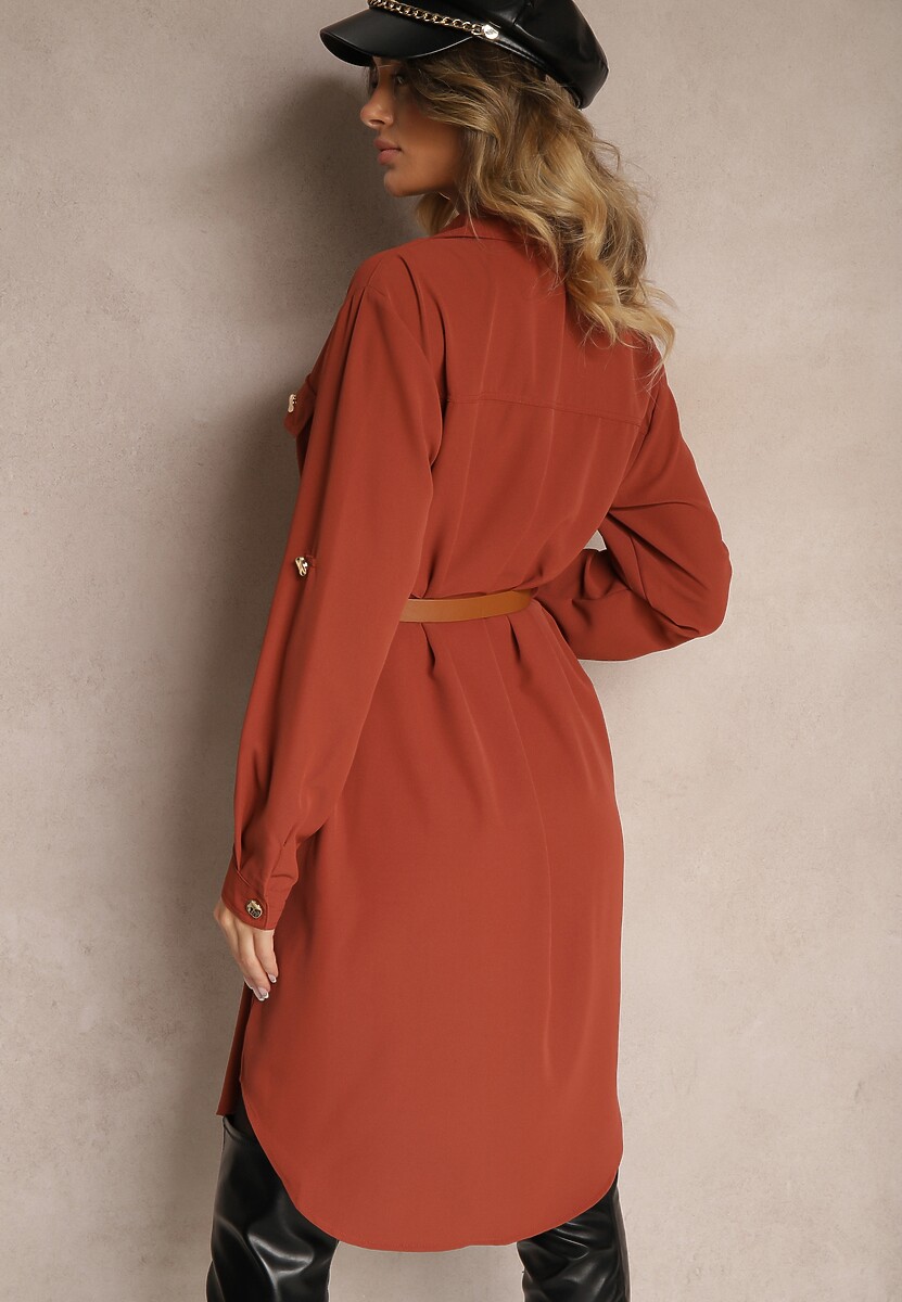 Brązowa Koszulowa Sukienka Ozdobiona Paskiem i Rękawem z Regulacją Esaviona