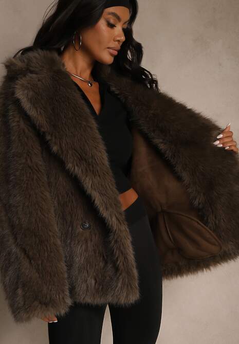 Brązowa Oversizowa Kurtka Futerko o Dwurzędowym Kroju Asonella