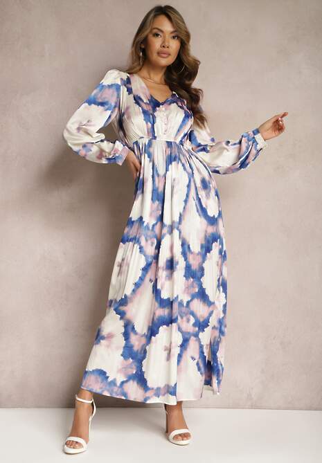 Beżowo-Fioletowa Maxi Sukienka Satynowa o Rozkloszowanym Kroju Velian