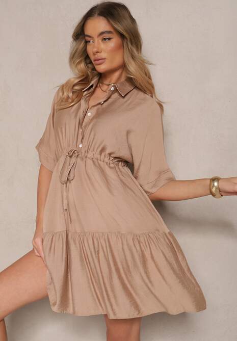 Ciemnobeżowa Wiskozowa Sukienka o Koszulowym Kroju z Wiązaniem w Talii Nanovias