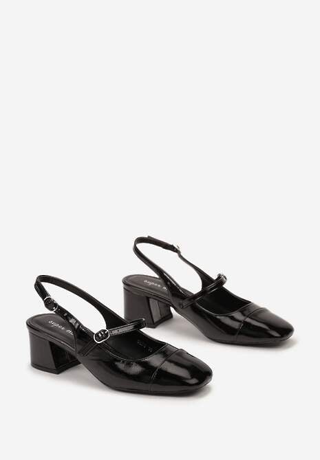 Czarne Lakierowane Czółenka na Słupku z Kwadratowym Noskiem Nathlias