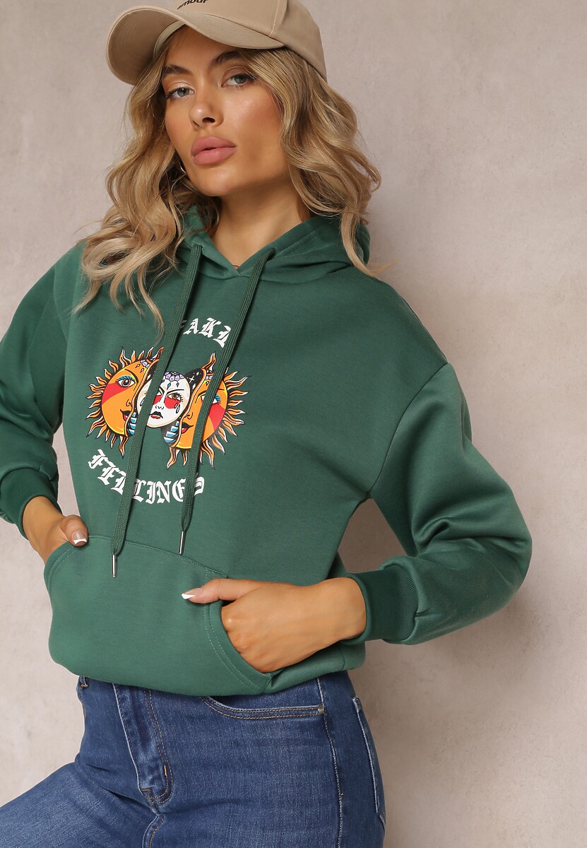 Czarna Bluza Kangurka z Nadrukiem i Kapturem Uvella