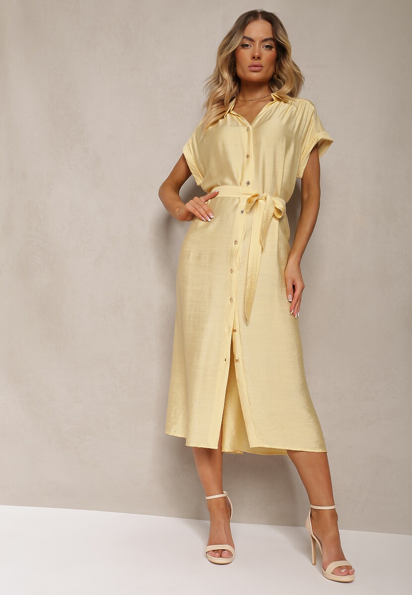 Czarna Rozkloszowana Sukienka o Koszulowym Kroju Ozdobiona Paskiem w Talii i Guzikami Rosofia