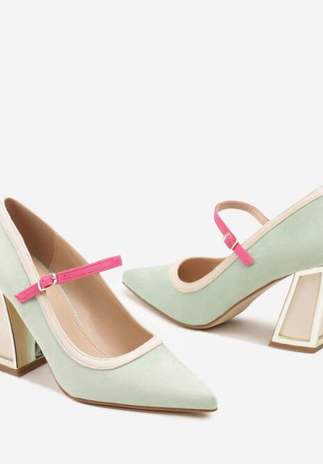 Jasnozielone Czółenka na Słupku z Metaliczną Wstawką i Paskiem Linnelea