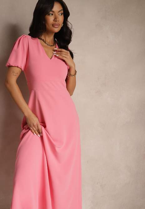 Różowa Rozkloszowana Sukienka z Lekko Bufiastymi Rękawami i Dekoltem V Efrusae