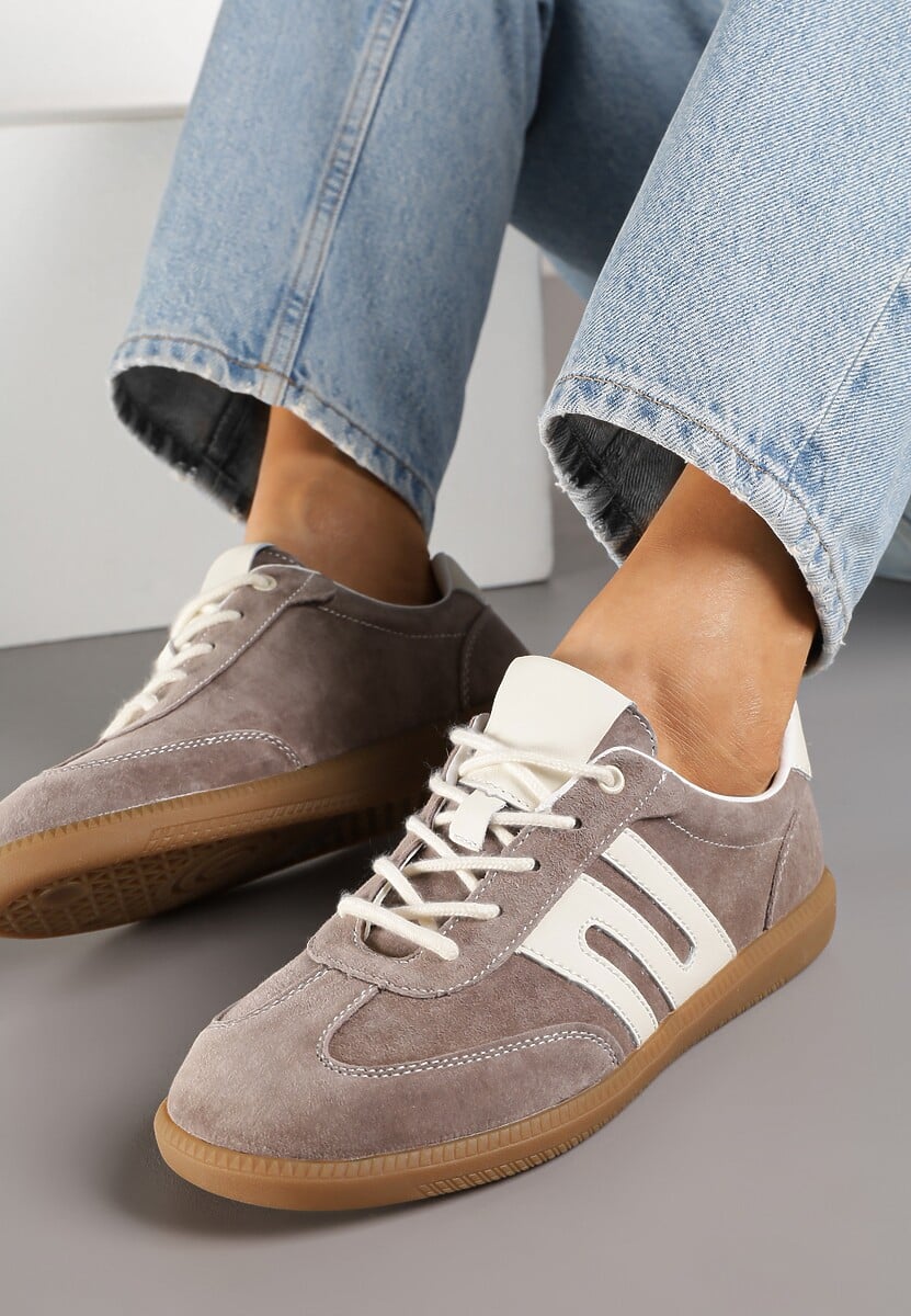 Brązowe Sneakersy Tenisówki ze Skóry Naturalnej z Geometrycznym Wzorem Carolie