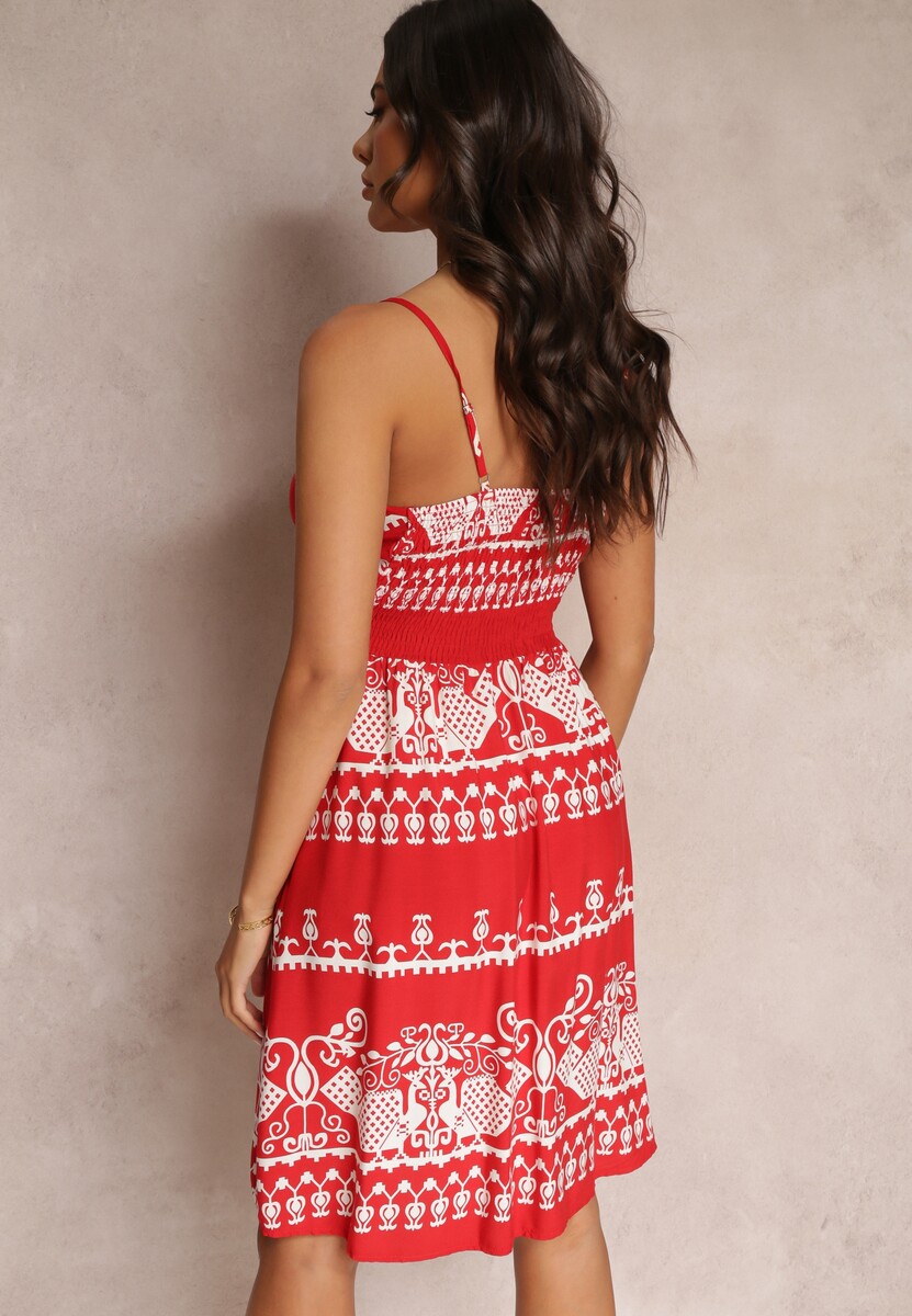 Czerwona Wiskozowa Sukienka z Gumką w Pasie w Etno Wzór Placenta