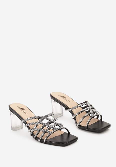 Czarne Eleganckie Klapki na Transparentnym Słupku Ozdobione Cyrkoniami Gasaria