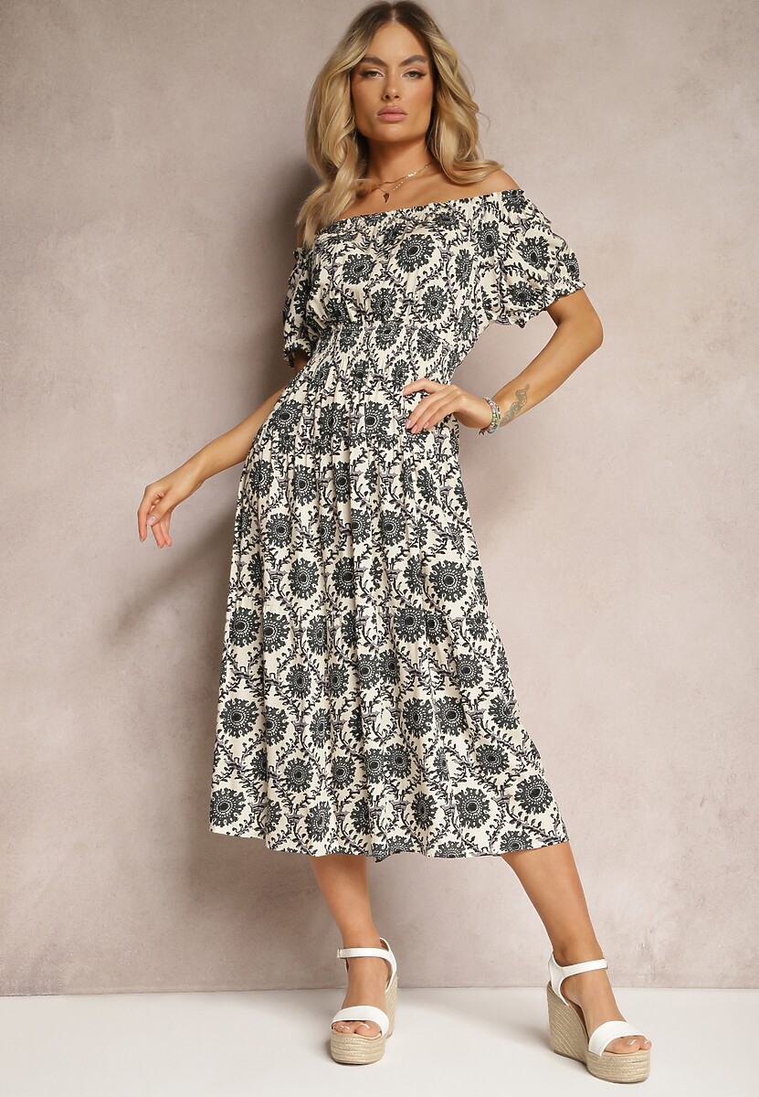 Szaro-Beżowa Sukienka z Wiskozy o Kroju Hiszpanki z Gumką w Pasie Zilalina