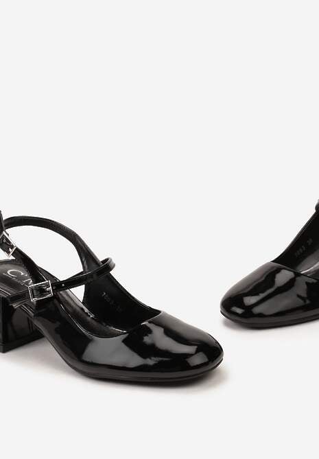 Czarne Lakierowane Czółenka na Słupku Zapinane na Dwa Paseczki Budovica