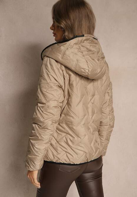 Beżowa Dwustronna Kurtka z Pikowanymi Przeszyciami i Kapturem Tianessa
