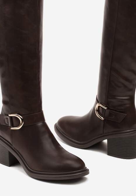 Brązowe Kozaki na Słupku z Ozdobną Klamrą i Paskiem Miavirae