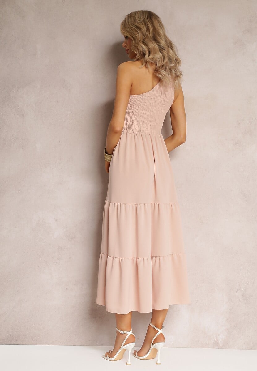 Różowa Sukienka Maxi na Jedno Ramię o Rozkloszowanym Asymetrycznym Kroju z Falbanką Kalphus
