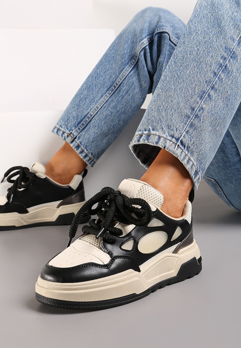 Czarno-Beżowe Sneakersy na Niskiej Platformie z Grubymi Sznurowadłami Vansyla
