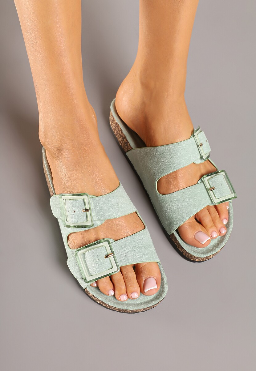 Jasnozielone Klapki na Korkowej Platformie z Klamrami Teloniel