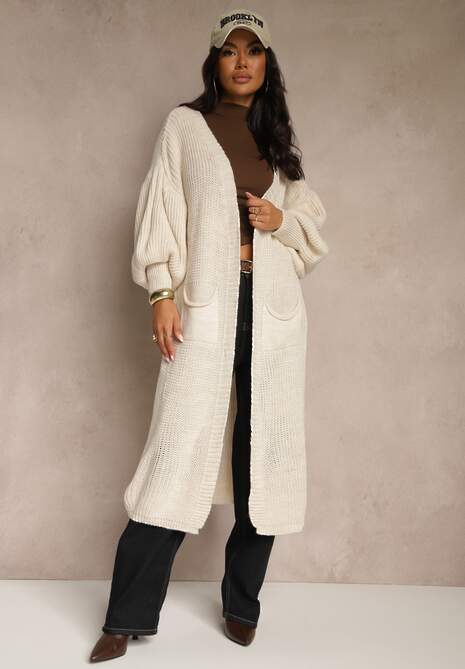 Jasnobeżowy Kardigan Długi z Bufiastym Rękawem Mesho