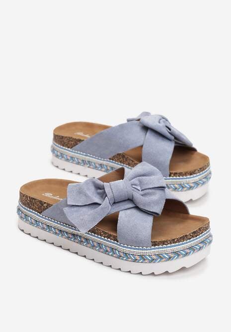 Niebieskie Klapki z Kokardką z Tkaniny i Dekoracyjną Platformą Inaile