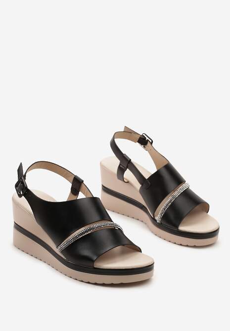 Czarne Sandały na Koturnie bez Pięty z Paskiem z Cyrkoniami Azarepia