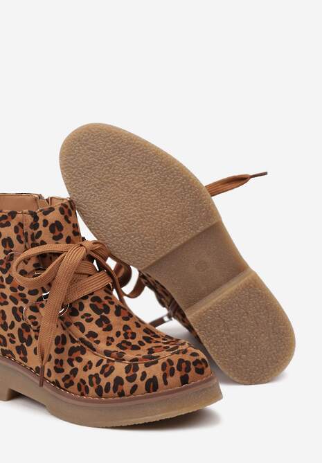 Brązowe Ocieplane Płaskie Botki Ozdobione Sznurowaniem i Wzorem w Panterkę Resivara