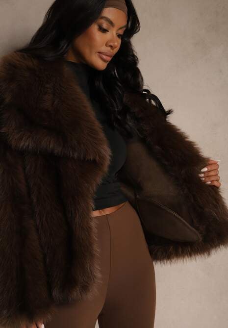 Brązowa Kurtka Futerko o Kroju Oversize z Ozdobnym Kołnierzem Monella