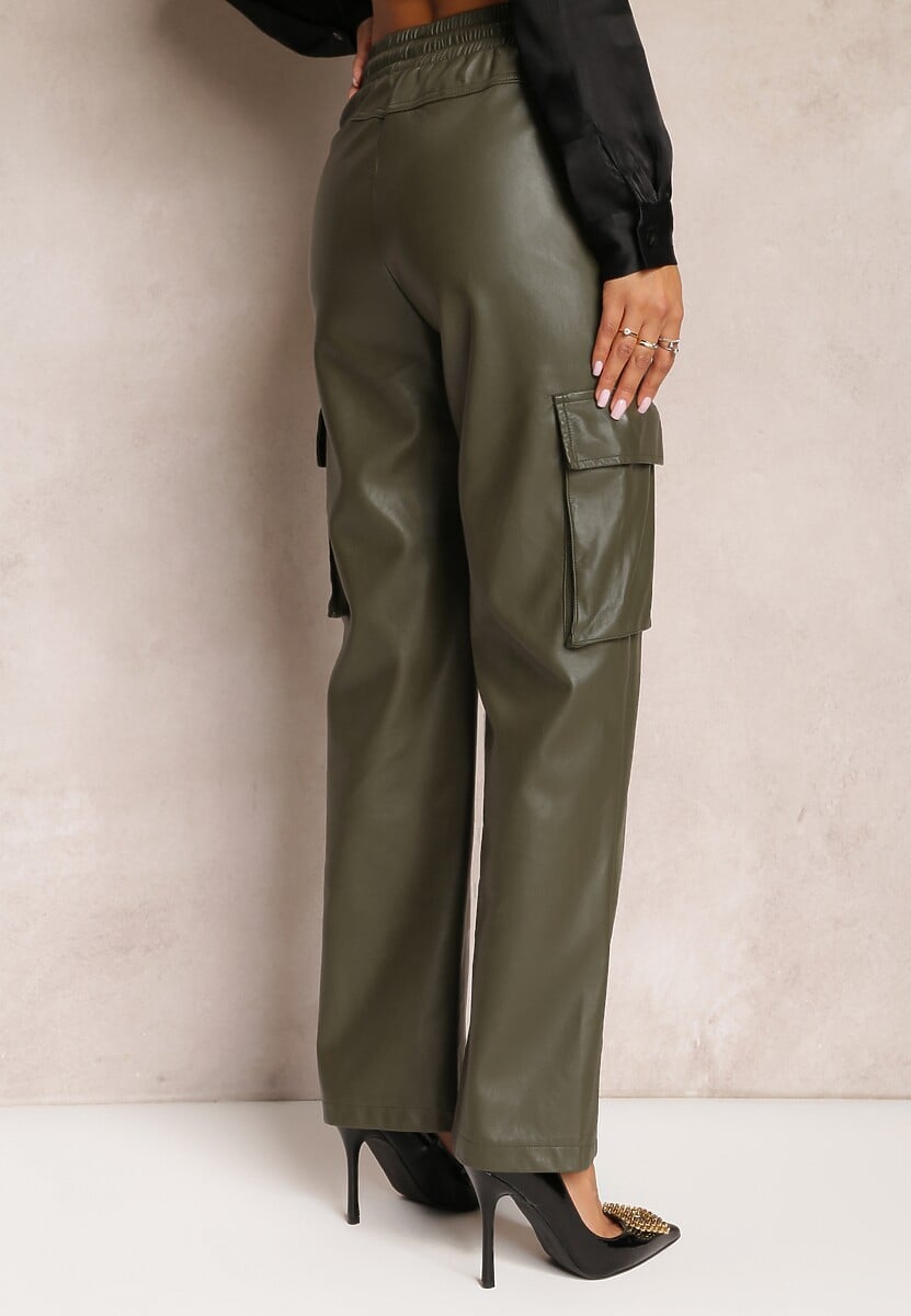 Ciemnozielone Szerokie Spodnie w Stylu Cargo z Kieszeniami na Klapy Mixana