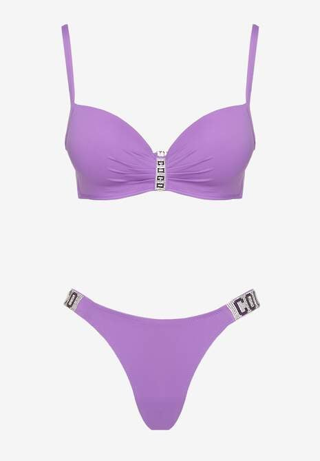 Fioletowe Bikini Biustonosz i Majtki Figi z Aplikacją z Cyrkoniami Nateria