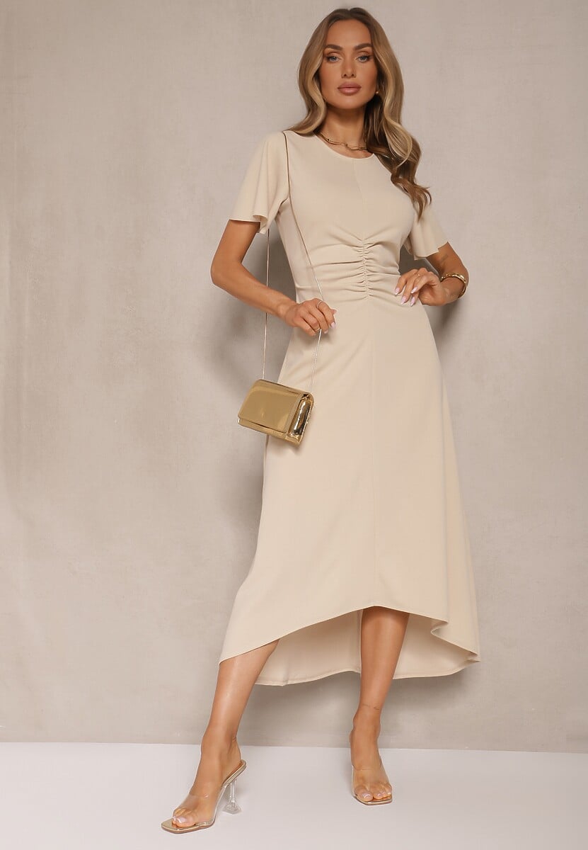 Beżowa Sukienka o Rozkloszowanym Kroju z Marszczeniem Odarene