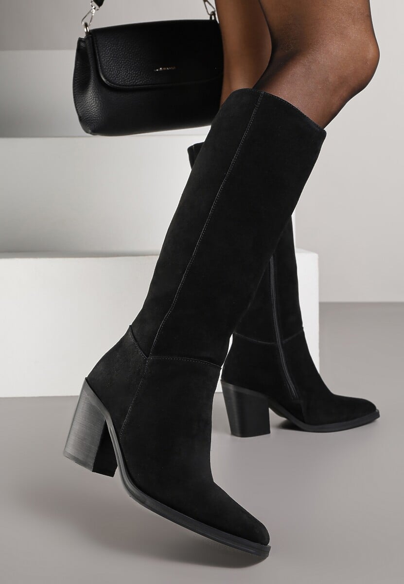 Czarne Skórzane Kozaki na Słupku Realinae