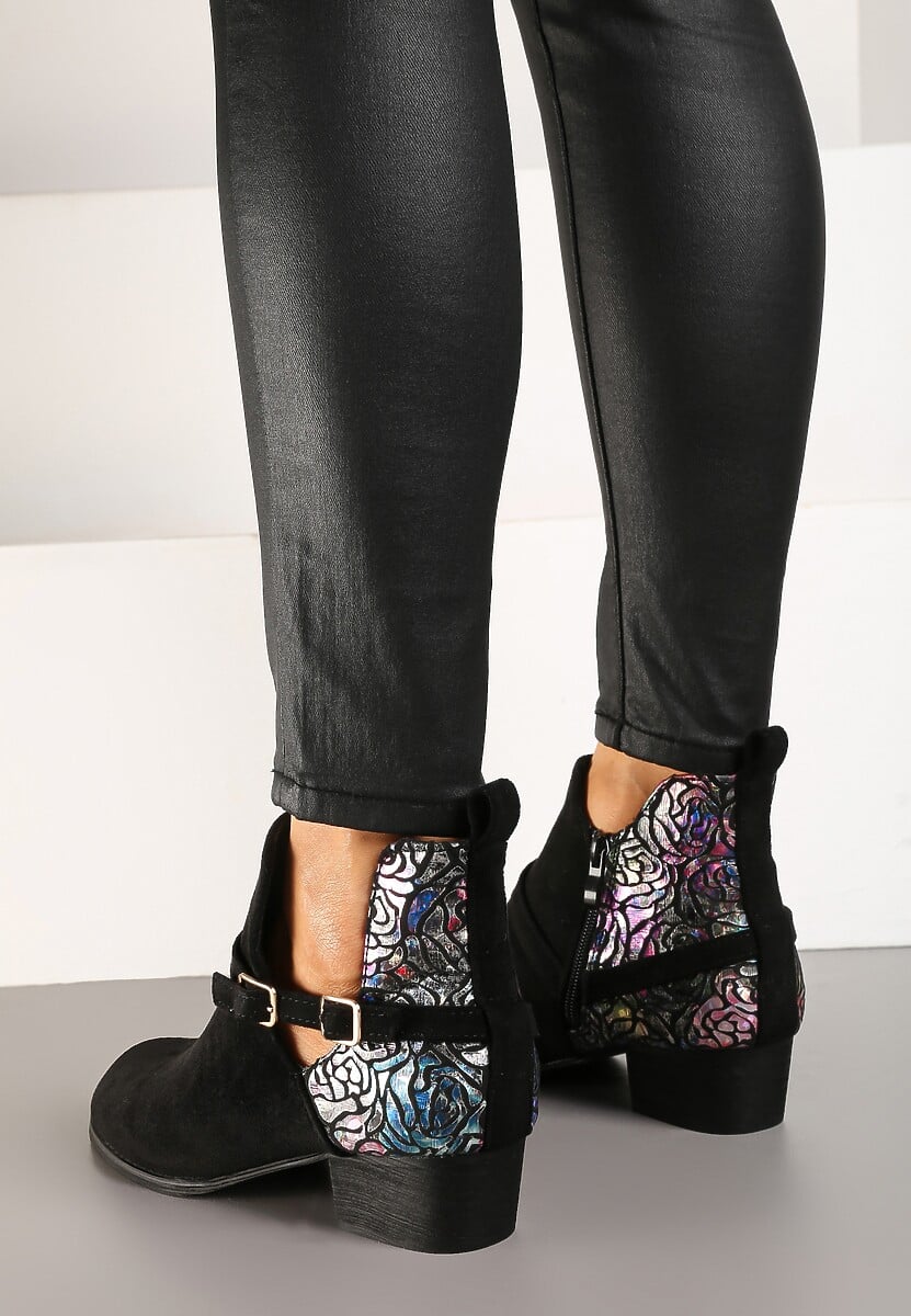 Czarne Botki Vices na Słupku Ozdobione Kwiatami Selianor